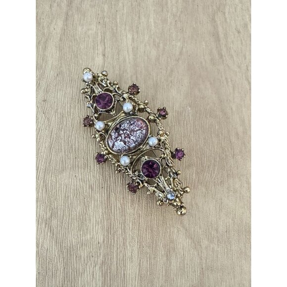 Vintage Edwardian Brooch Amethyst Rhinestones Foil Center Tube Closure Gold Tone - Picture 8 of 9